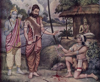 A photo of depicting the story of Ekalavya, Dronacharya and Arjun from Mahabharata, an Indian mythology.