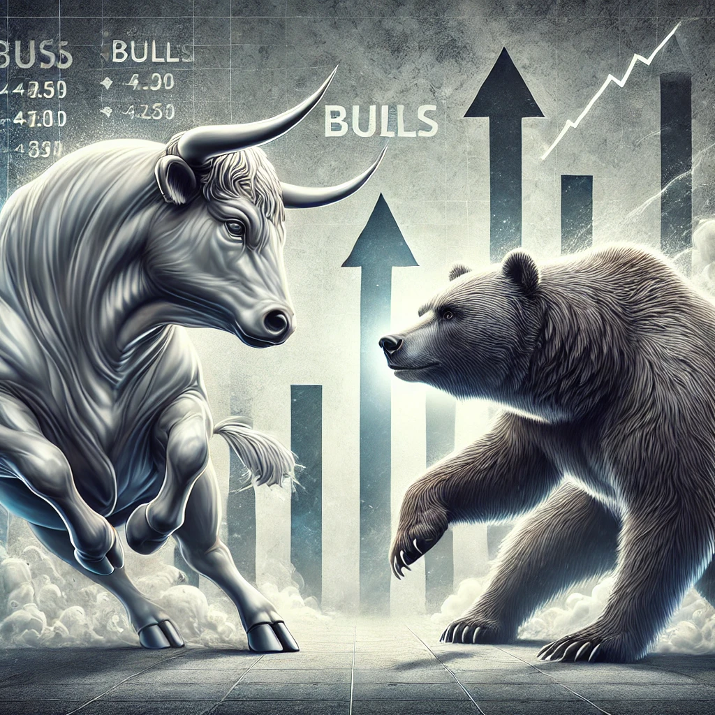 Illustration of a charging bull and swiping bear, representing bullish and bearish market trends.