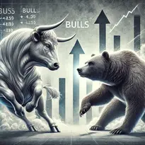 Illustration of a charging bull and swiping bear, representing bullish and bearish market trends.