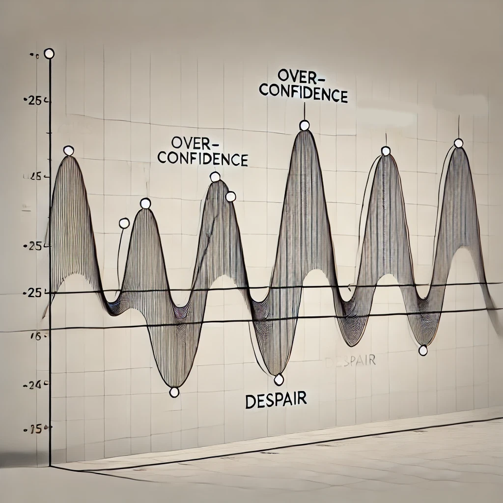 Sine wave showing the peaks of over-confidence and the troughs of despair