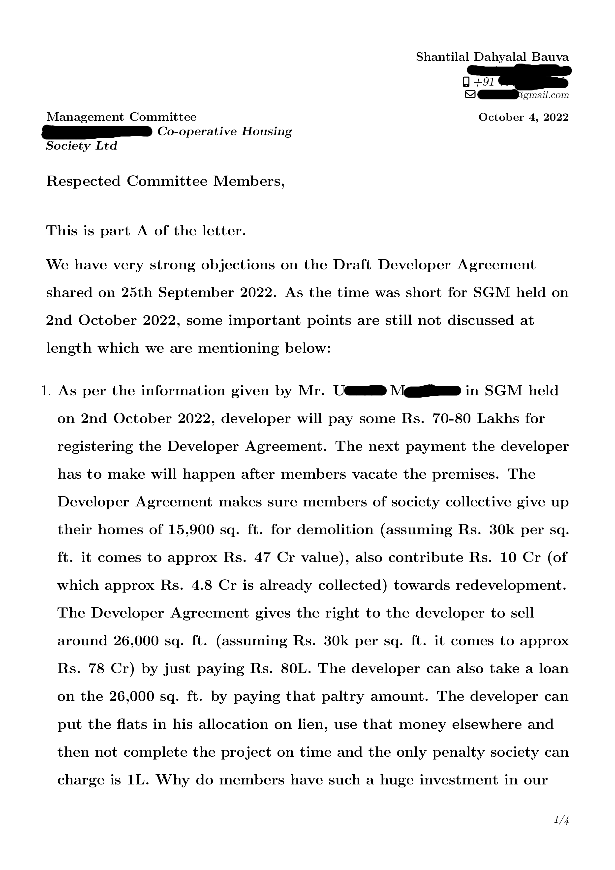 Letter explaining the shitty deal